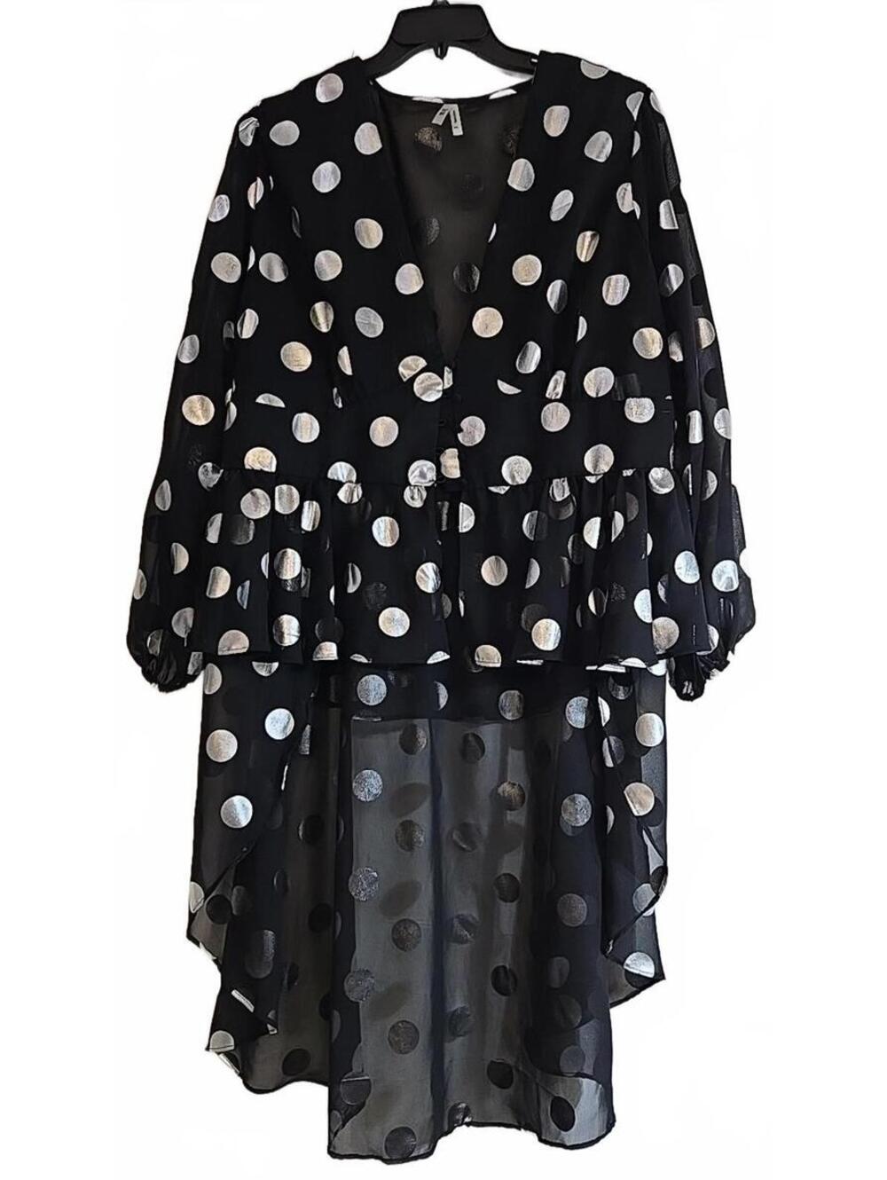 Truth NYC Sheer Blouse Plus 2X Black W/ Metallic Polka Dots High-Low